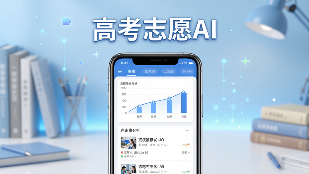 一张展示高考志愿AI软件界面的横向构图,画面中央是手机屏幕,屏幕内呈现志愿填报分析图表与院校推荐列表,屏幕上方悬浮