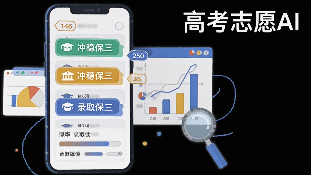 一张表现高考志愿AI智能推荐功能的画面,画面主体为一部手机,屏幕显示冲稳保三色标签的院校列表与录取概率进度条,手机旁有数据图表与放大镜元素,画面右上角写有