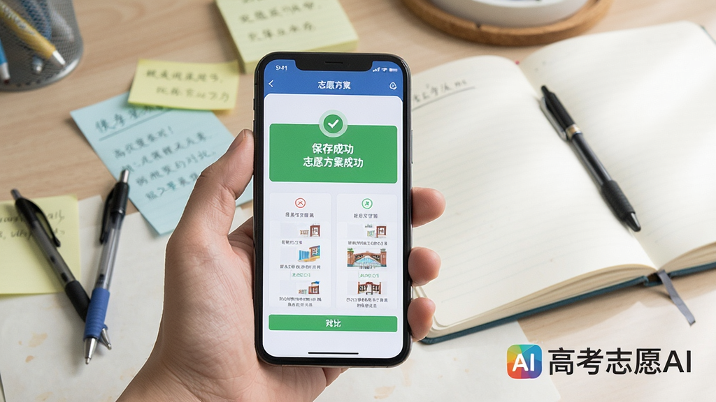 一张展示高考志愿AI移动端使用场景的图片,画面为一只手握持手机,屏幕显示志愿方案保存成功提示与院校对比界面,背景为书桌与笔记本,画面右下角有