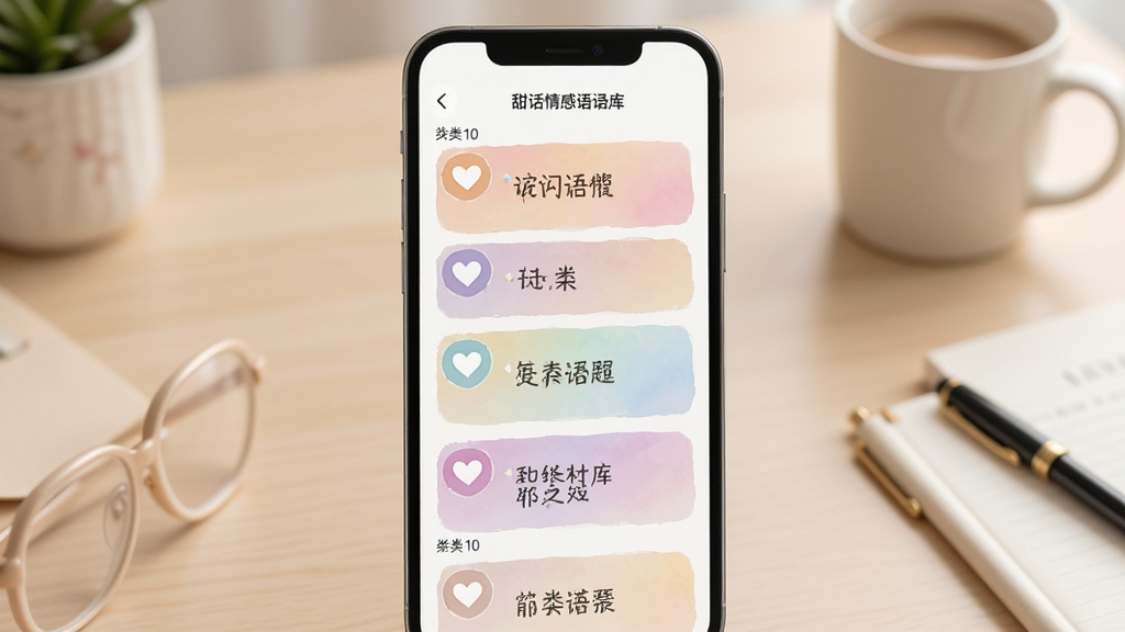 甜话情感语录库界面,手机屏幕呈现分类整齐的语录卡片列表,卡片带有柔和渐变底色与心形图标,背景为浅色书桌场景,布局规整,风格温馨简约,细节丰富,画质清晰,干净无多余元素