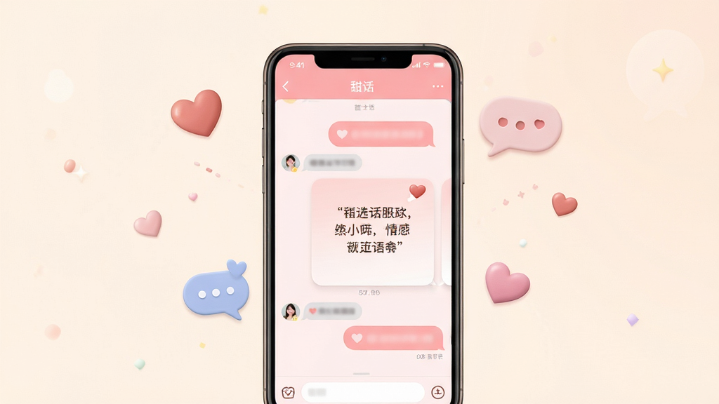 甜话应用主界面展示,画面中心是一部智能手机,屏幕显示柔和的粉色聊天界面与情感语录卡片,周围点缀爱心与对话气泡元素,布局简洁居中,风格清新温暖,细节精致,画质清晰,干净无多余元素