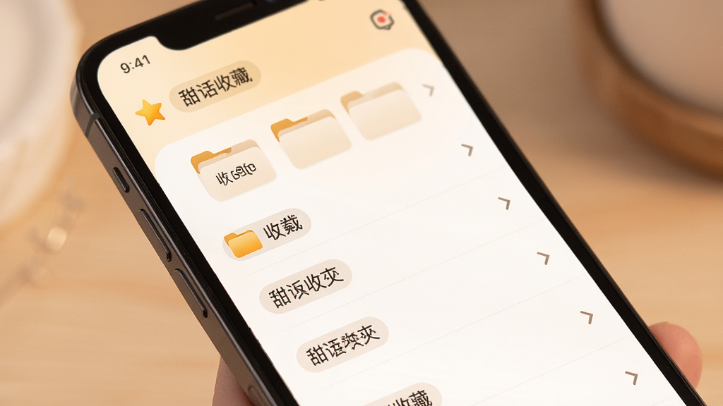 甜话收藏夹功能展示,手机屏幕显示带标签分类的收藏列表,界面有星标与文件夹图标,背景为柔和暖色调,布局清晰有序,风格现代简约,细节精致,画质干净,无多余元素