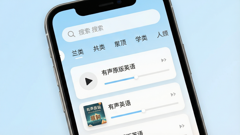 一张手机屏幕正面展示“有声原版英语”应用主界面的场景图,画面中央是整洁的音频列表卡片,顶部有搜索栏与分类标签,背景为柔和浅蓝渐变,整体风格清新简约,细节包含播放按钮、书封缩略图与进度条,画质清晰干净,无多余装饰元素