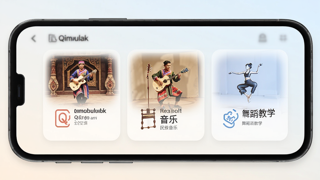 一张展示Qimbulak软件主界面的手机UI效果图,画面中央是手机屏幕,屏幕内呈现体育文化、民族音乐、舞蹈教学三个功能入口卡片,背景为浅色渐变,风格简洁现代,细节清晰,画质干净,无多余元素