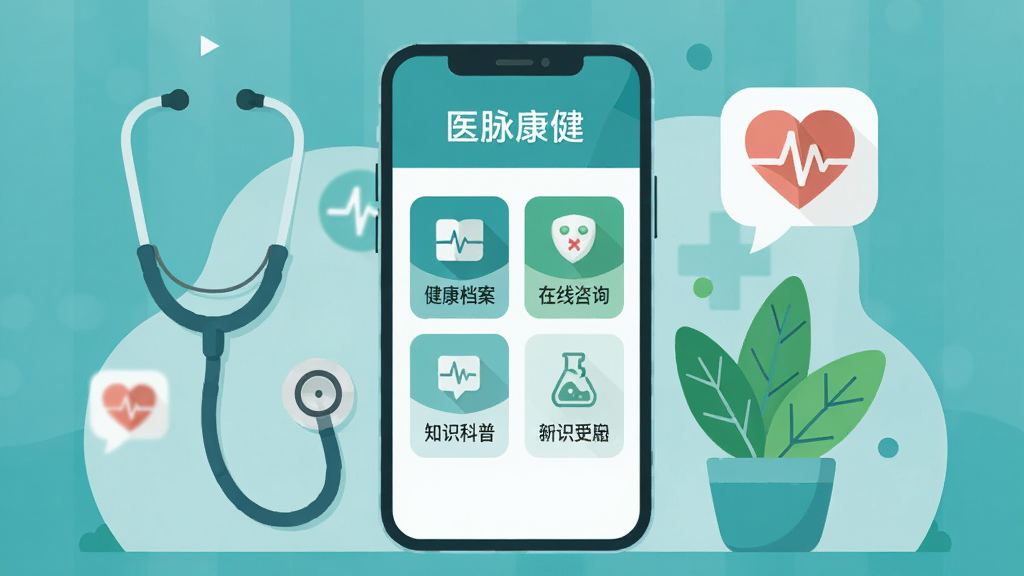 画面中央展示一部智能手机,手机屏幕上显示“医脉康健”应用主界面,包含健康档案、在线咨询、知识科普等模块图标,手机周围环绕听诊器、心率图标、绿色植物等健康元素,整体采用蓝绿色调,扁平化插画风格,布局干净整洁,画质清晰,无多余元素