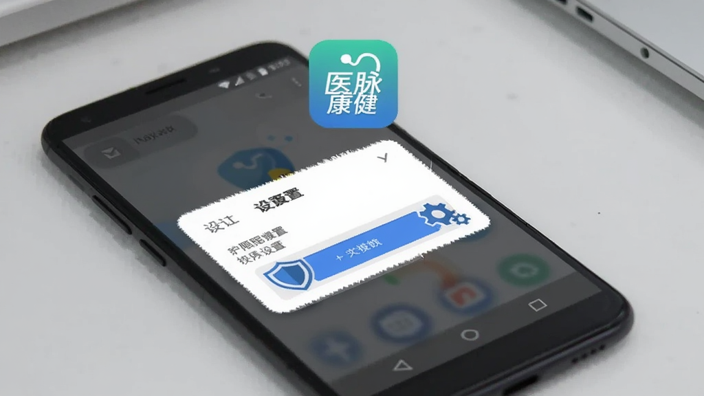画面展示一部安卓手机屏幕弹出权限设置对话框,对话框旁有盾牌和齿轮图标,手机上方漂浮“医脉康健”应用图标,背景为浅灰色工作台面,扁平化科技风格,布局简洁,画质清晰,无多余元素