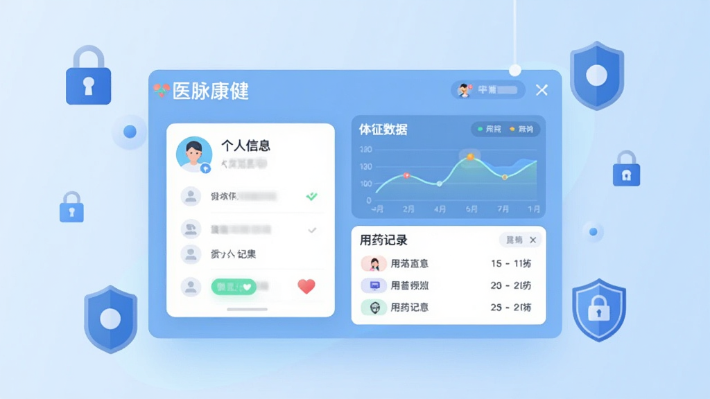 画面展示一个悬浮的数字化健康档案界面,界面中包含“医脉康健”字样,左侧为个人信息卡片,右侧为体征数据折线图和用药记录列表,背景为柔和的浅蓝色渐变,周围点缀数据锁和盾牌图标,扁平化设计风格,布局清晰,画质干净,无多余元素
