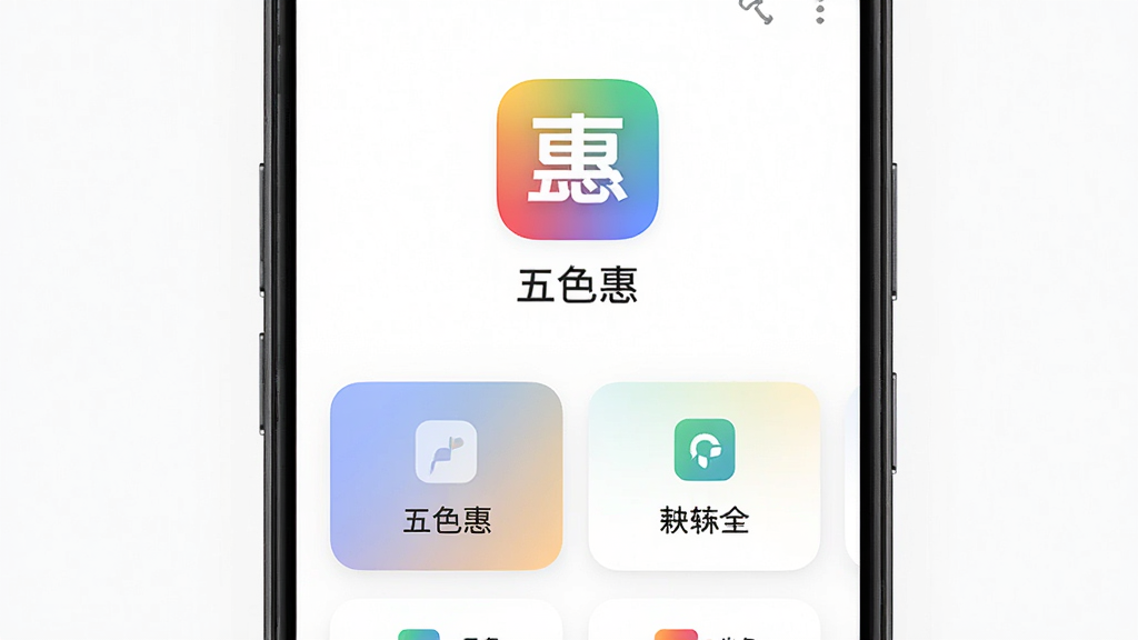 主体为一部安卓手机屏幕显示五色惠应用主界面,布局为居中放置的手机正面展示,排版采用上下结构上方留白突出应用图标与名称下方为功能卡片区,风格为清爽扁平化科技感,细节包括柔和的五色渐变点缀、圆角卡片、简洁图标与清晰文字“五色惠”,画质高清干净无多余元素
