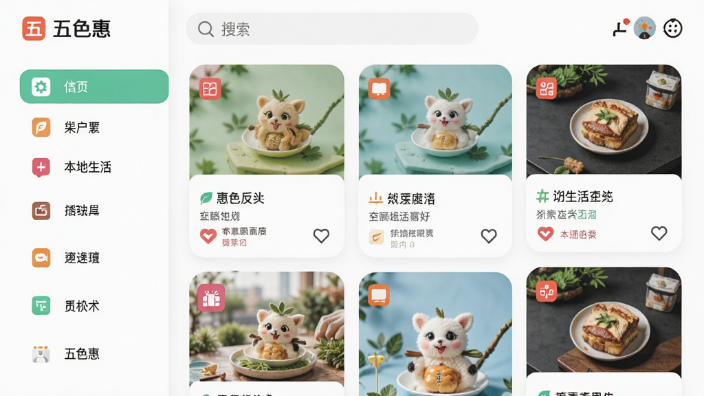 主体为五色惠应用内的本地生活分类页面,布局为左侧竖排分类导航右侧内容卡片瀑布流,排版整齐有序,风格为清新浅色系扁平设计,细节包括彩色分类图标、圆角信息卡片、简洁的搜索栏与“五色惠”标识,画质清晰干净无多余元素