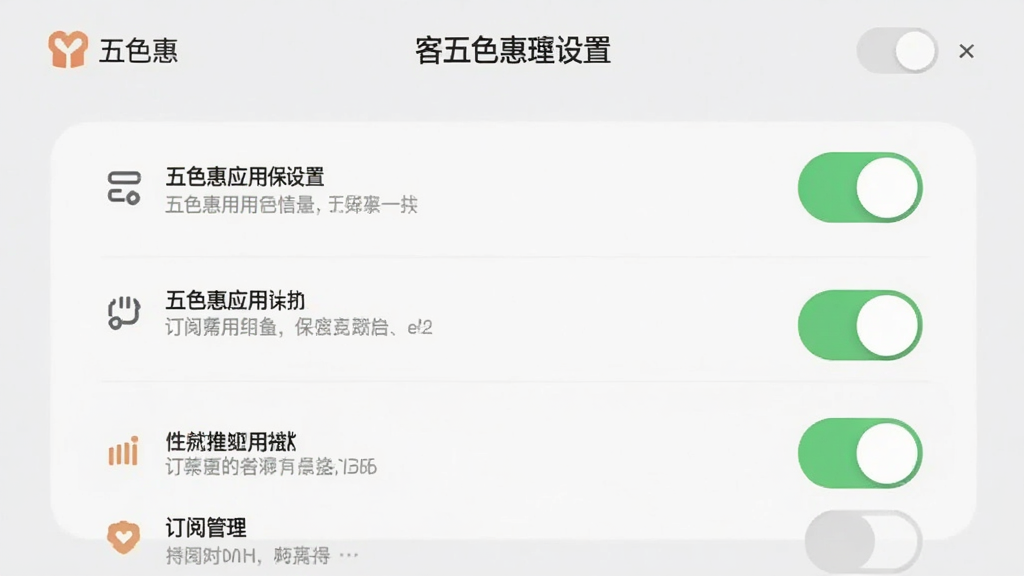 主体为五色惠应用设置页面的订阅管理界面,布局为上方标题下方多行开关列表,排版为单列纵向排列,风格为素雅极简浅灰质感,细节包括圆角开关控件、分类小图标、清晰的文字说明与“五色惠”页面标识,画质高清干净无多余元素