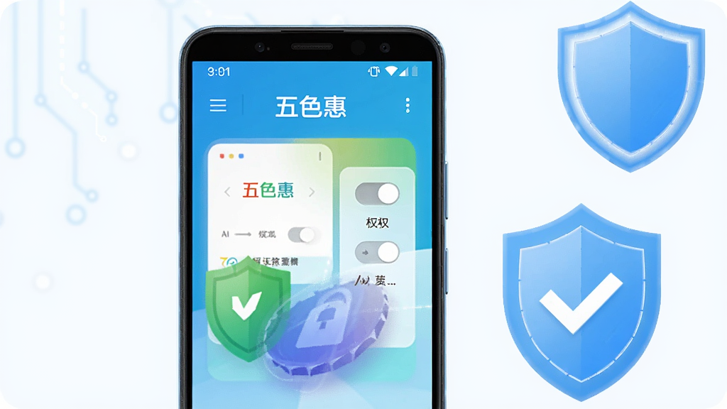 主体为安卓手机屏幕显示五色惠应用正常运行界面旁边配有盾牌与对勾图标,布局为手机居中盾牌位于右上角,排版简洁左右呼应,风格为科技安全风浅蓝配色,细节包括清晰的“五色惠”界面、权限开关示意、保护盾图形,画质高清干净无多余元素
