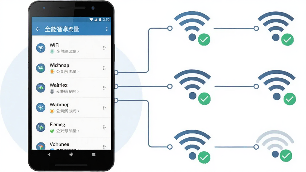 一张表现智能WiFi自动连接场景的插画风格图片,画面主体是一部安卓手机位于画面左侧,手机屏幕显示全能智享流量应用的WiFi列表界面,右侧用线条连接多个WiFi信号图标代表公共场所热点,布局左右呼应,风格扁平化科技插画,细节包含信号波纹与连接对勾标识,画质清晰干净无多余元素