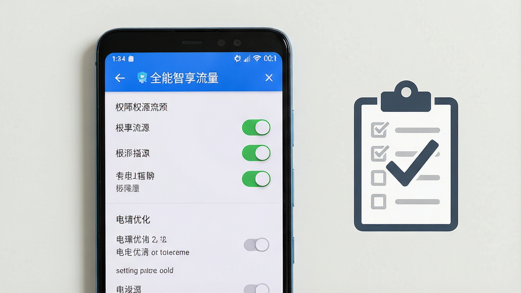 一张展示安卓手机使用指南场景的图片,画面主体是一部手机屏幕显示全能智享流量应用的设置页面,页面中包含权限开关列表和电池优化选项,手机旁边放置一个勾选清单图标代表操作步骤,布局手机居中偏左、清单图标在右侧,风格简洁实用风,细节清晰展示界面文字与开关状态,画质高清干净无多余元素