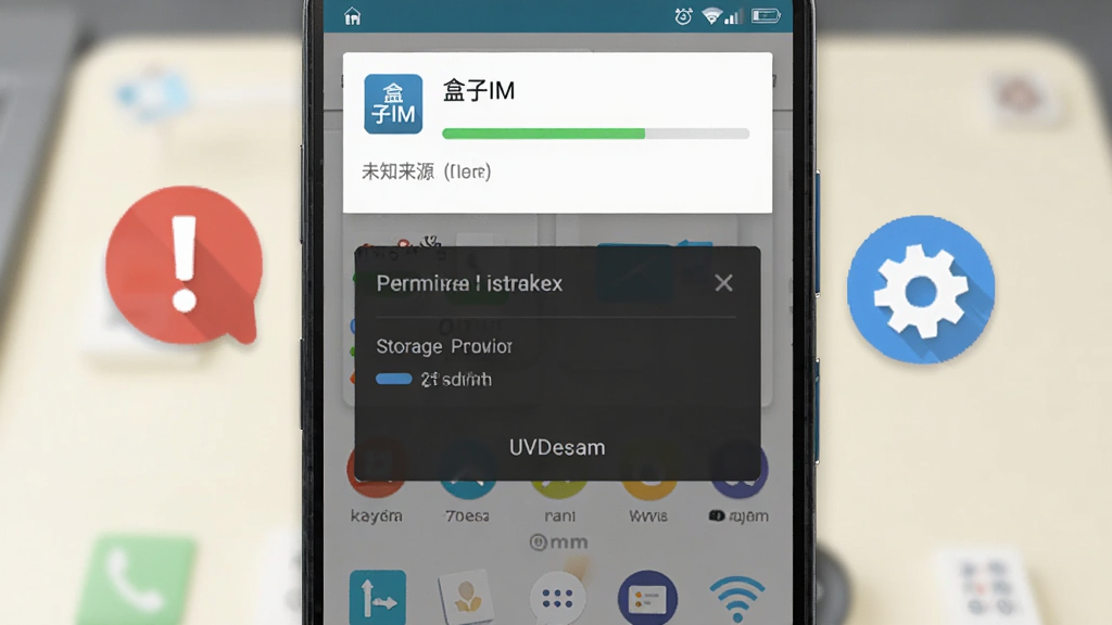 画面为一部安卓手机屏幕特写,屏幕显示“盒子IM”安装进度条与权限设置弹窗,旁边悬浮一个红色感叹号提示图标和一个蓝色齿轮图标,背景为浅色桌面,排版手机居中,风格为写实UI示意图,细节包括“未知来源”字样、存储空间条、WiFi信号图标,画质清晰干净,无多余元素
