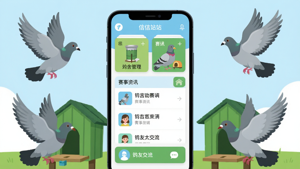 画面主体为一部竖屏智能手机,屏幕中央展示信鸽站应用主界面,界面包含鸽舍管理卡片、赛事资讯列表与鸽友交流入口,手机周围环绕几只展翅飞翔的灰色信鸽与绿色鸽舍元素,整体采用清新浅蓝与草绿配色,扁平化矢量插画风格,细节简洁明快,排版居中对称,画质清晰干净,无多余元素
