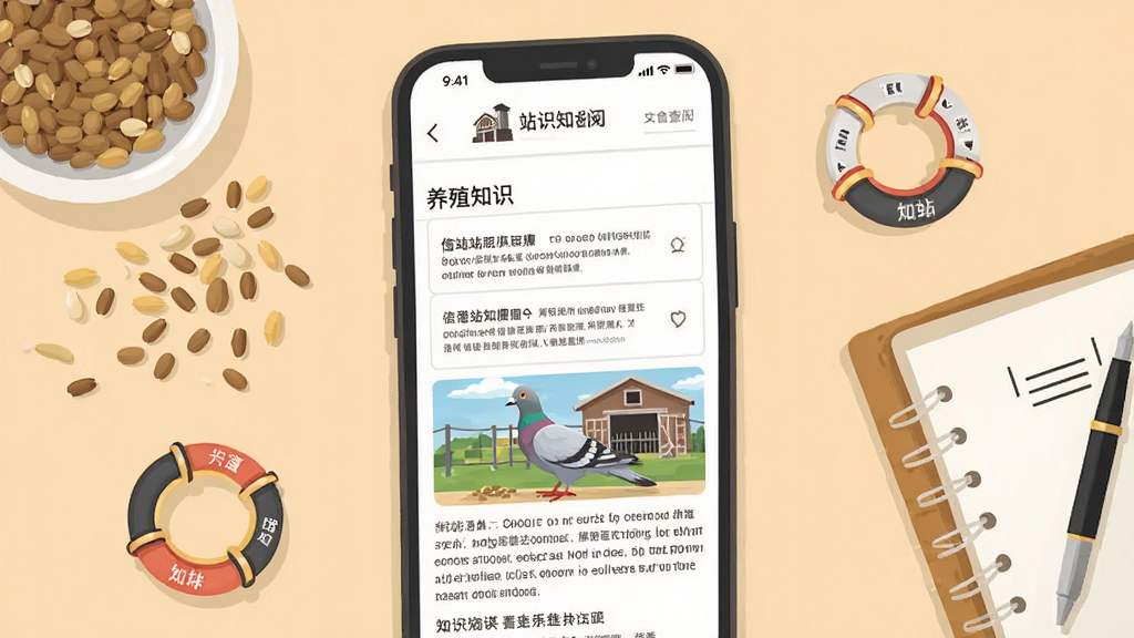 画面主体为信鸽站应用的知识查阅页面,手机屏幕中展示养殖知识文章列表与图文详情,旁边搭配饲料谷物、信鸽脚环与笔记本等元素,整体采用温暖米色背景与深灰文字排版,扁平插画风格,构图简洁,画质干净清晰,无多余装饰