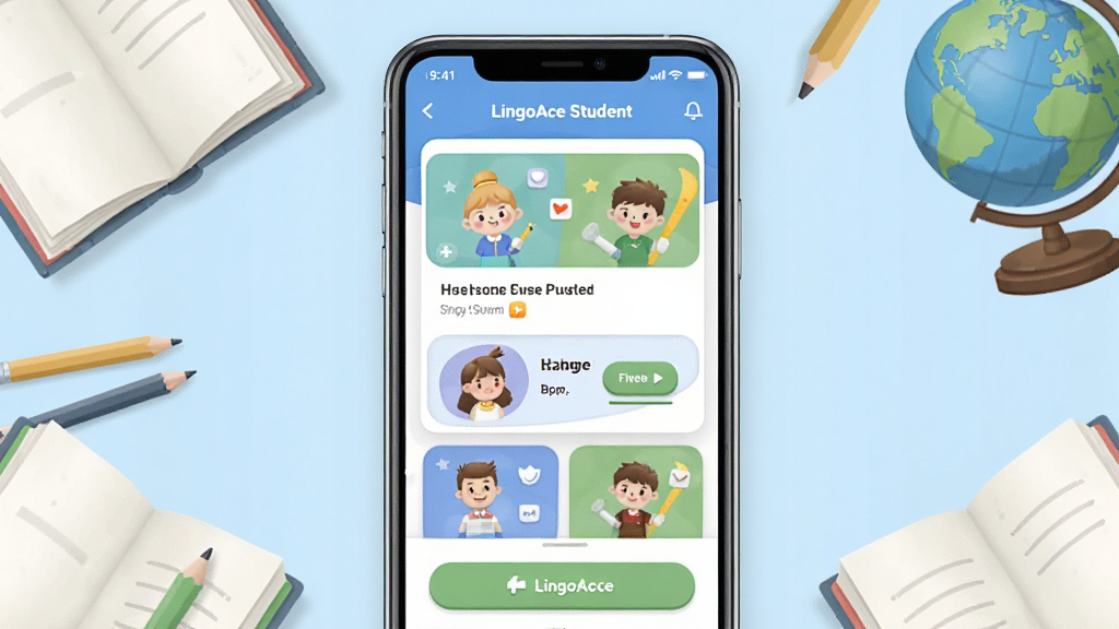 һ��չʾLingoAce StudentӦ�ý�����ֻ���Ļ��Ⱦͼ������������һ�����������ֻ�����Ļ����ʾ��ɫ������Ŀγ��б��뿨ͨѧϰͼ�꣬�ֻ���Χ�����ŷ������鱾��Ǧ�ʺ͵����ǵ�ѧϰԪ�أ����岼�־��жԳƣ�������»��ã�ϸ����ͻ�������еĿγ̿�Ƭ�뻥����ť�����������ɾ�������Ϊ��͵�ǳ��ɫ���䣬�޶���װ��Ԫ��