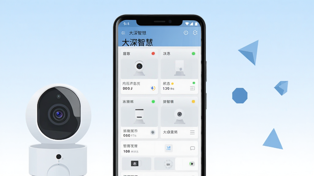 画面中央放置一部竖屏安卓手机,手机屏幕上显示大深智慧的监控画面列表界面,界面包含设备卡片与状态指示灯,手机左侧摆放一个简约的智能摄像头模型,右侧散落几枚几何图形点缀,整体采用浅蓝与白色渐变背景,扁平化插画风格,构图居中对称,细节干净利落,画质清晰锐利,无多余装饰元素