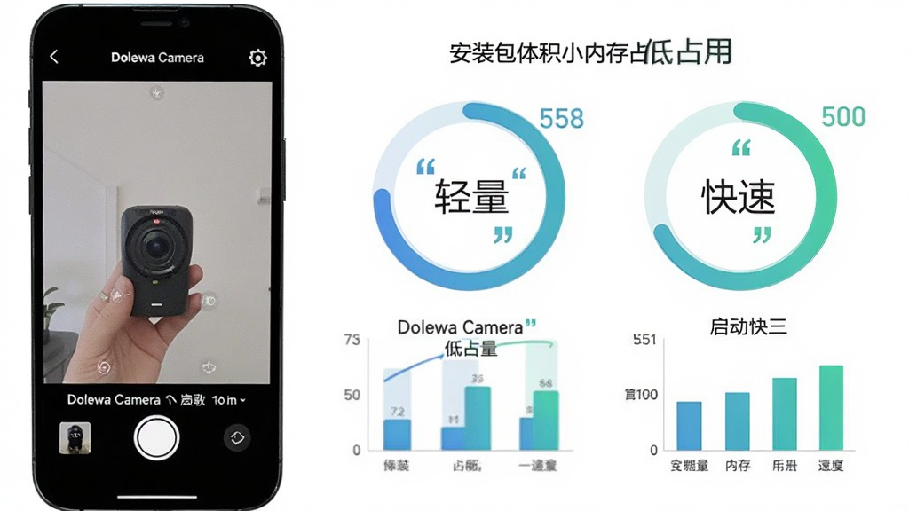 ���������һ���ֻ�����Ļ��ʾDolewa Camera����������ȡ�����棬�Ҳ�����Ϣͼ������ʽչʾ��װ�����С���ڴ�ռ�õ͡������ٶȿ�����ָ�꣬ͼ�����ü�Լ�Ļ��ν���������״ͼ��ϣ���ɫΪ���̽��䣬������Ϊ��ˬ�ĿƼ���Ϣͼ������Ϊ����ɫ������ɾ����࣬���������ű�ע�������������١�����ռ�á���������������