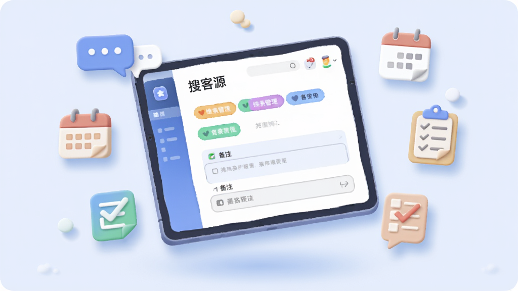 画面中心为一块悬浮的平板设备,屏幕显示“搜客源”线索管理页面,页面中有彩色标签与备注输入框,平板四周环绕对话气泡、日历、勾选清单等小图标,布局为纵向分层,风格为柔和圆角扁平插画,细节包含淡蓝色背景与细腻的投影,画质清晰,干净无多余元素