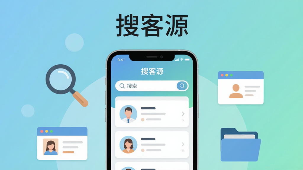 画面中央放置一部智能手机,手机屏幕中显示“搜客源”应用主界面,界面包含搜索框与客户列表卡片,手机两侧分布放大镜、联系人卡片、文件夹等扁平化图标,整体采用横向居中布局,上方留白放置软件名称“搜客源”,风格为清爽的现代扁平化插画,细节包含柔和的蓝绿色渐变背景与简洁线条,画质清晰锐利,干净无多余元素