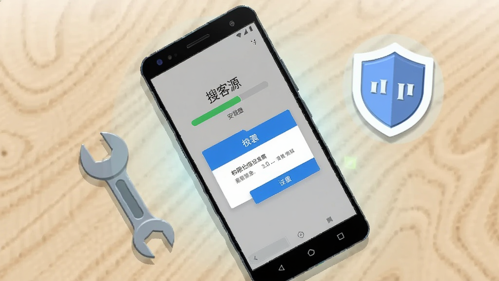 画面主体为一部安卓手机平放在桌面上,手机屏幕显示“搜客源”安装进度条与权限设置弹窗,手机旁边放置一把小扳手与一个盾牌图标,布局为俯视居中,风格为简洁的科技插画,细节包含浅色木纹桌面与柔和光晕,画质清晰,干净无多余元素