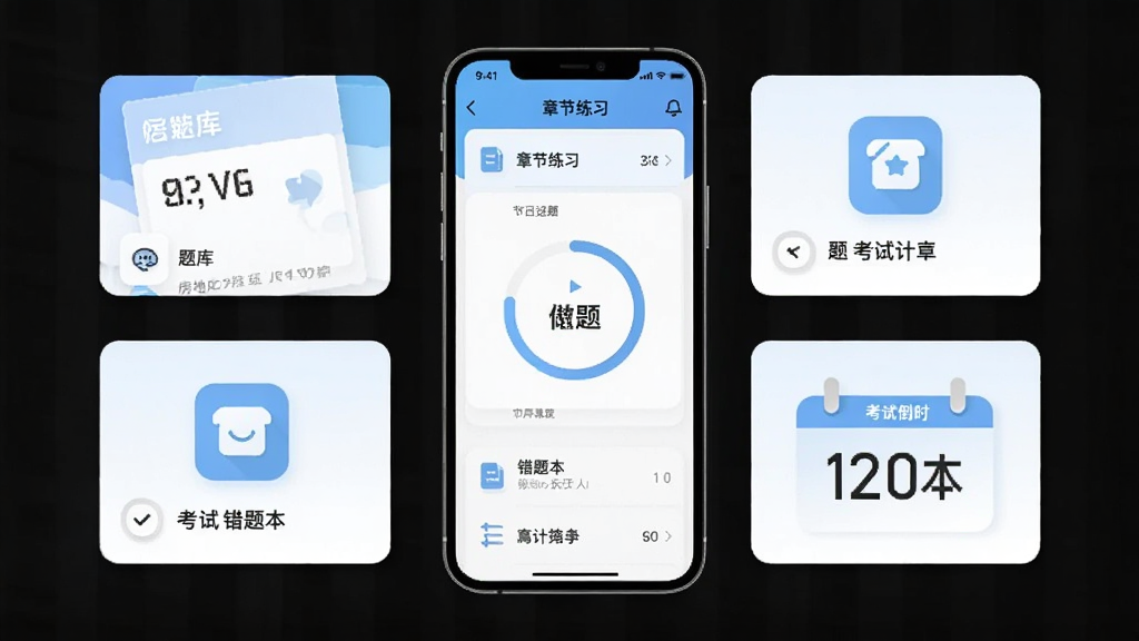 房地产经纪人刷题狗软件主界面展示,手机屏幕居中摆放,屏幕内显示章节练习列表与做题进度环,周围环绕题库卡片、错题本图标、考试倒计时标签,浅蓝色与白色为主的清爽配色,扁平化UI风格,细节清晰,画面干净无多余元素,高清画质
