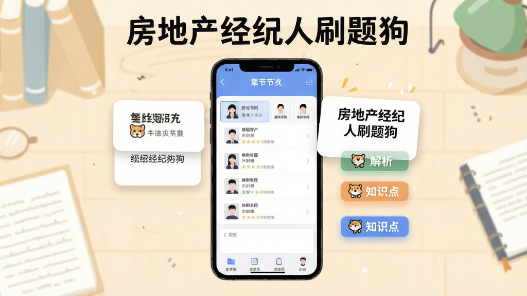房地产经纪人刷题狗章节练习功能展示,手机屏幕显示章节列表与做题界面,旁边漂浮着解析卡片和知识点标签,背景为浅色书桌场景,扁平插画风格,布局简洁,文字标注“房地产经纪人刷题狗”清晰可见,画质干净高清