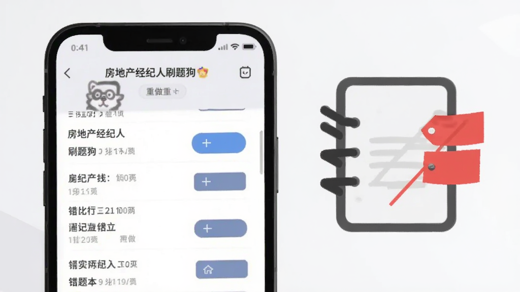 房地产经纪人刷题狗错题本界面展示,手机屏幕显示错题列表与重做按钮,旁边有笔记本图标和红色标记标签,浅灰与白色背景,扁平风格,布局清晰,文字“房地产经纪人刷题狗”可见,干净无杂乱元素