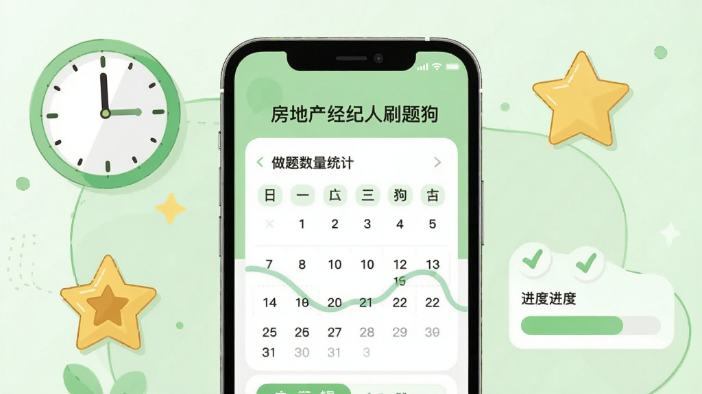 房地产经纪人刷题狗每日一练界面,手机屏幕显示打卡日历与做题数量统计,周围环绕时钟、收藏星标、进度条元素,清新浅绿色调,扁平插画风格,画面简洁,文字“房地产经纪人刷题狗”清晰,高清画质