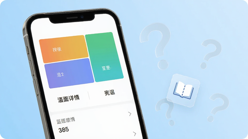 手机界面显示盘面详情页,页面中有分区色块与简短文字说明,旁边漂浮着几个半透明的问号与书本图标,背景为浅蓝色渐变,风格清新,排版规整,画质干净