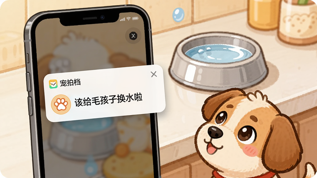 手机弹出“宠拍档”提醒通知卡片,显示“该给毛孩子换水啦”与宠物爪印图标,手机旁有一只小狗抬头望向屏幕,背景是厨房一角与水碗,布局为手机竖屏居中、小狗在右下角,风格为温馨卡通插画,细节包括通知卡片的圆角与阴影、水碗反光、小狗期待的眼神,画质高清,干净,无多余元素