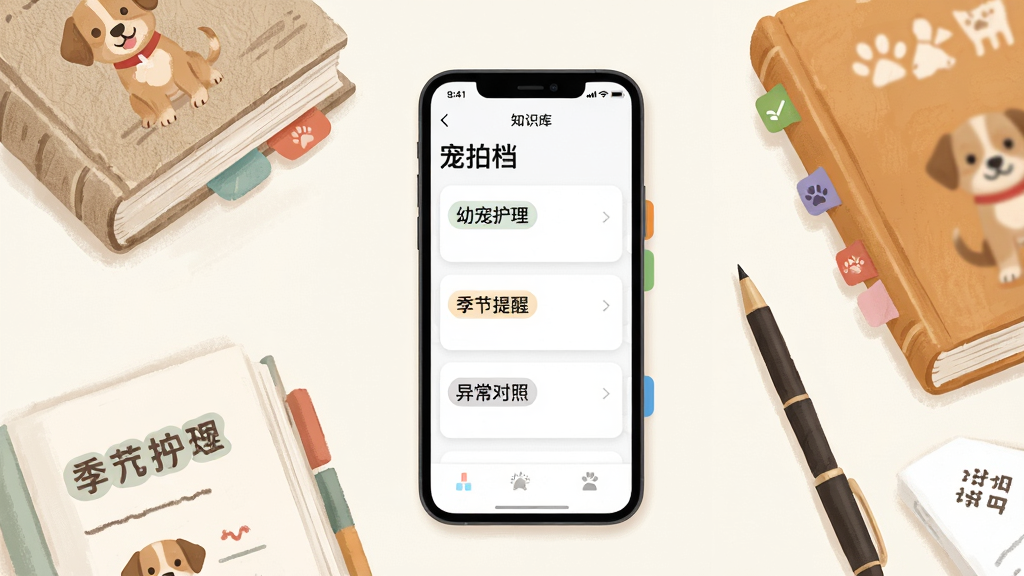 手机屏幕显示“宠拍档”知识库列表页,分类标签有“幼宠护理”“季节提醒”“异常对照”,旁边散落着几本宠物护理书籍与一支笔,布局为手机居中、书籍环绕左下,风格为简约书房插画,细节包括书脊纹理、标签色彩区分、界面卡片留白,画质高清,干净,无多余元素