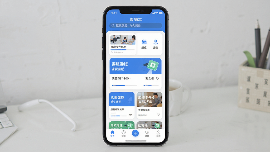 一款名为“库课专升本”的手机学习软件界面展示,主体为一部竖屏智能手机,屏幕内呈现课程列表与题库练习页面,布局清晰分为顶部搜索栏、中部课程卡片与底部导航栏,排版整洁有序,风格为现代教育类APP扁平化设计,细节包含蓝色主色调、白色背景、圆角卡片、进度条与图标元素,画质高清、干净、无多余元素