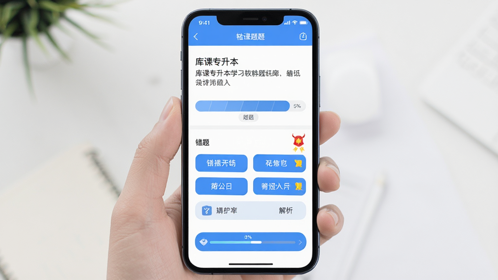 一款名为“库课专升本”的学习软件题库练习页面,主体为手机屏幕内的做题界面,布局上方为题目区域、下方为选项按钮与解析入口,排版居中对称,风格为清新教育类UI设计,细节包含蓝色选项高亮、错题标记图标、进度提示条,画质高清、干净、无多余元素