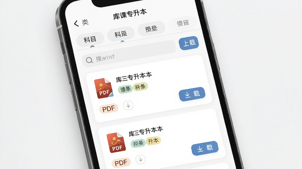 一款名为“库课专升本”的软件资料查阅页面,主体为手机屏幕内的文档列表界面,布局为顶部分类标签、中部资料卡片列表,排版整齐,风格为简约文档管理类设计,细节包含PDF图标、科目分类标签、搜索框与下载按钮,画质高清、干净、无多余元素