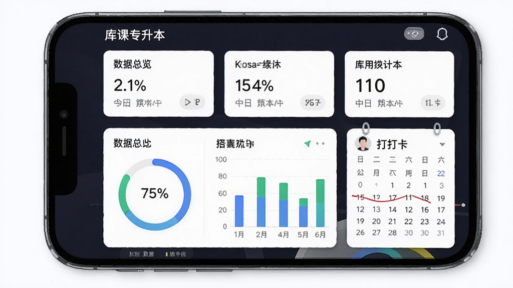 一款名为“库课专升本”的软件学习数据统计页面,主体为手机屏幕内的数据看板,布局上方为数据总览卡片、下方为图表区域,排版清晰,风格为现代数据可视化设计,细节包含环形进度图、柱状统计图、数字指标与日历打卡元素,画质高清、干净、无多余元素
