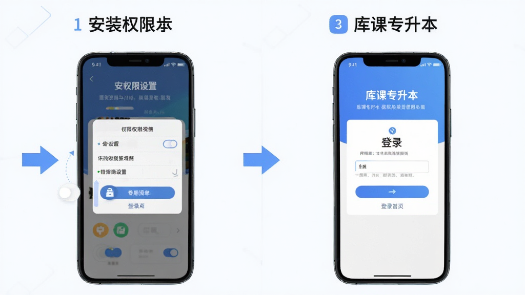 一款名为“库课专升本”的软件安装与使用引导示意图,主体为手机屏幕展示安装权限设置与登录界面,布局为左右分栏展示设置步骤与软件首页,排版清晰,风格为教程类信息图设计,细节包含权限开关示意、登录框、步骤序号与箭头引导,画质高清、干净、无多余元素