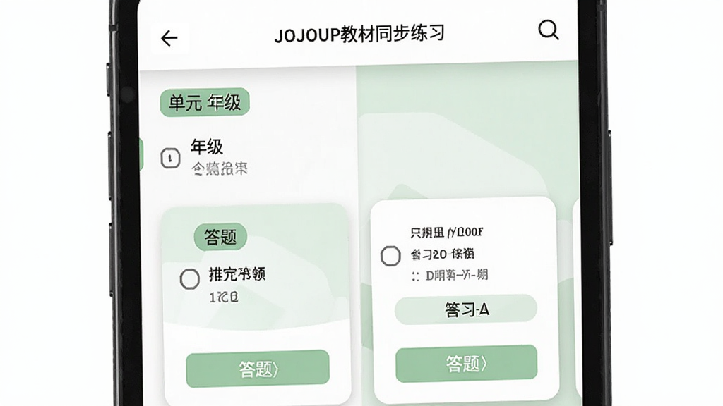 JOJOUP教材同步练习界面,手机屏幕显示单元选择列表与练习题卡片,背景为白色与淡绿色搭配,布局上下结构清晰,风格简约学习风,细节包含年级标签、单元名称、答题选项,画质清晰干净,无多余元素