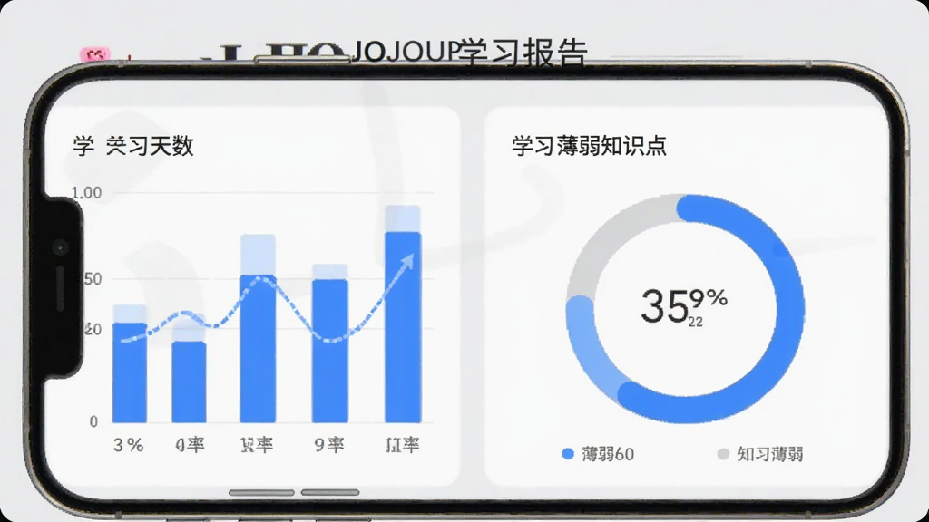 JOJOUP学习报告页面,手机屏幕展示柱状图与环形进度图,背景为浅灰色与蓝色调,布局分块清晰,风格数据可视化风,细节包含正确率百分比、学习天数、薄弱知识点标签,画质清晰干净,无多余元素