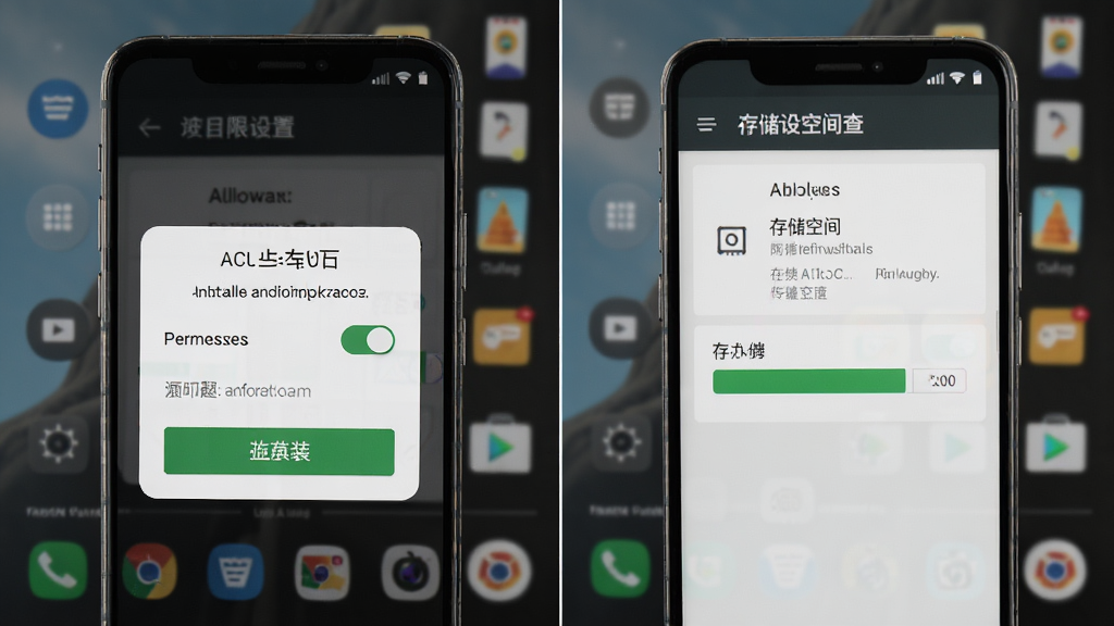JOJOUP安卓手机安装与权限设置示意图,手机屏幕展示权限允许弹窗与存储空间检查界面,背景为桌面环境,布局左右分栏,风格操作指引风,细节包含安装按钮、权限开关、存储条,画质清晰干净,无多余元素