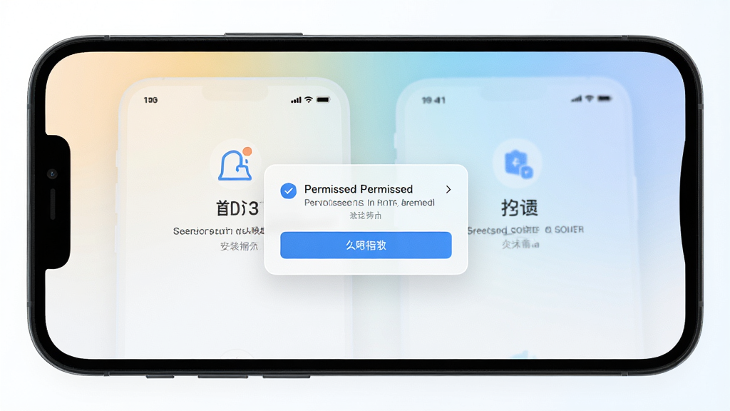 手机屏幕展示现映软件安装完成后的首次启动界面,画面中有权限请求弹窗和简洁的引导页面,背景为浅色渐变,风格清新简洁,画质清晰,干净无多余元素