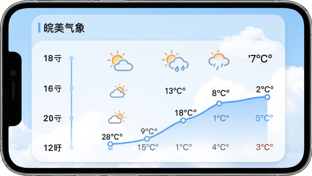 ��������Ϊ�ֻ�����չʾ������������СʱԤ���б������Ϊʱ���ᣬ�Ҳ�Ϊ����ͼ�����¶����ߣ�����Ϊ����ɫ�������ƣ��������ҷ����������ˬ��࣬ϸ�ڰ���Բ�ǿ�Ƭ�������Ӱ�����ʸ��壬�ɾ��޶���Ԫ��