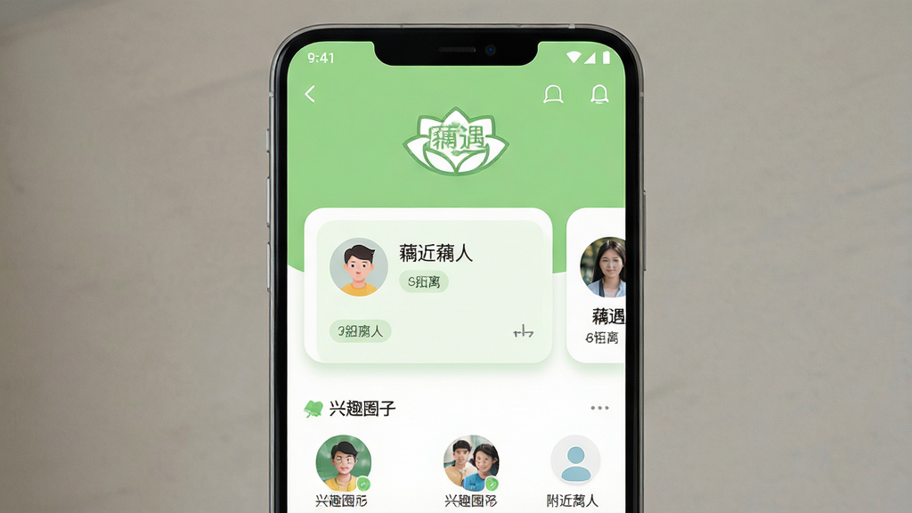 一张手机屏幕展示藕遇应用主界面,主体为居中摆放的安卓手机,布局上方是软件名称“藕遇”和简洁的莲藕图标,屏幕内呈现附近的人卡片与兴趣圈子列表,排版采用上下分层结构,风格为清新浅绿色调扁平化设计,细节包含圆角卡片、头像与距离标签,画质高清干净无多余元素