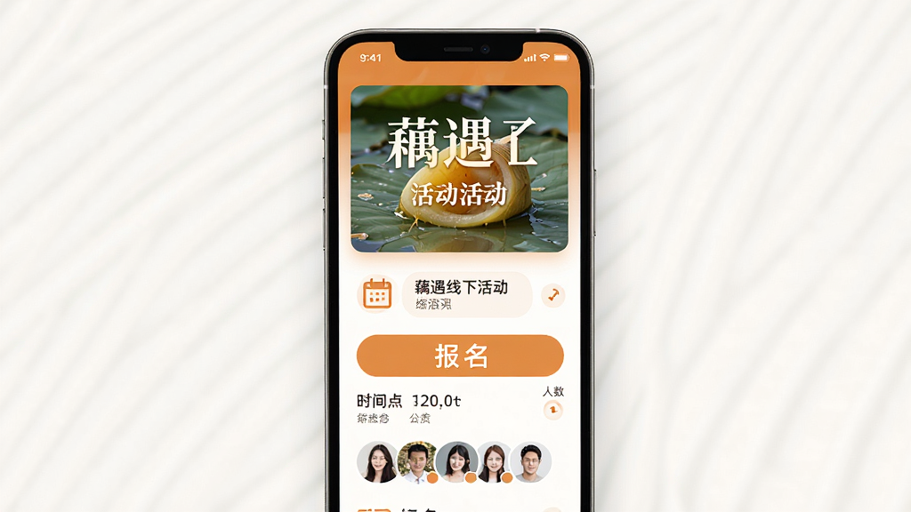 一张藕遇线下活动详情页展示图,主体为手机屏幕呈现活动海报与报名按钮,布局上方为活动封面图下方为时间地点与参与人头像,排版清晰层级分明,风格为温暖橙色调生活化设计,细节包含日历图标与人数统计,画质高清干净无多余元素