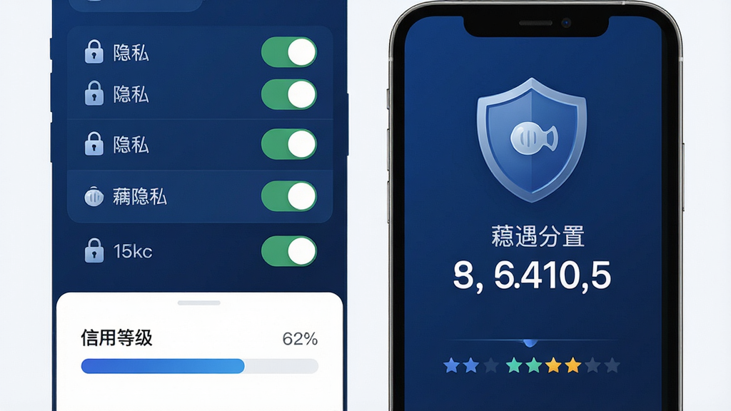 一张藕遇隐私设置与信用分界面展示图,主体为手机屏幕内盾牌图标与信用分数值,布局上方为隐私开关列表下方为信用等级进度条,排版规整,风格为沉稳深蓝安全风,细节包含锁形图标与星级标识,画质高清干净无多余元素