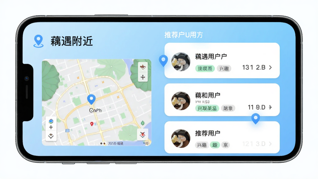 一张展示藕遇附近推荐功能的界面图,主体为手机屏幕特写,布局左侧为地图缩略图右侧为推荐用户卡片列表,排版采用左右分栏,风格为科技感浅蓝渐变,细节包含定位图标、距离数值与兴趣标签,画质清晰干净无多余元素