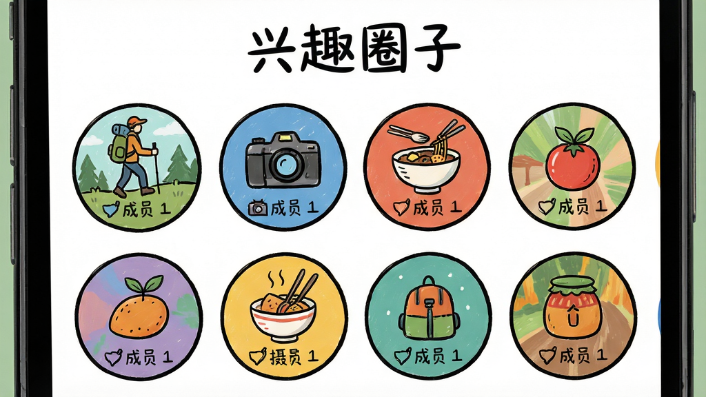 一张藕遇兴趣圈子页面展示图,主体为手机屏幕内多个圆形圈子图标,布局为网格状排列,排版上方是“兴趣圈子”标题下方是圈子卡片,风格为活泼多彩手绘风,细节包含徒步、摄影、美食等图标与成员数,画质高清干净无多余元素