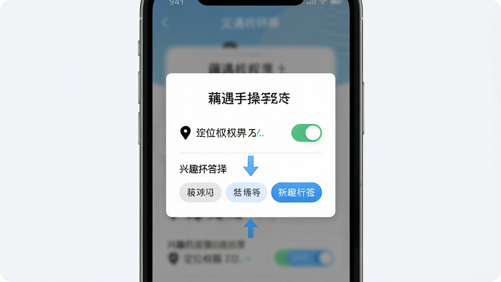 一张藕遇新手操作引导界面展示图,主体为手机屏幕内分步引导浮层,布局为居中弹窗加箭头指示,排版简洁,风格为明亮扁平化设计,细节包含定位权限开关与兴趣标签选择按钮,画质高清干净无多余元素