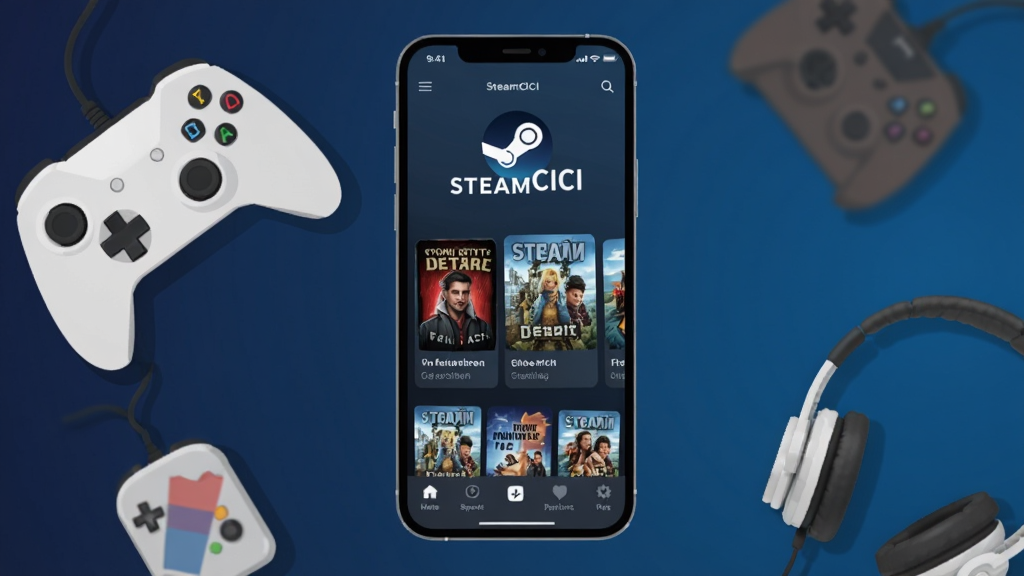 画面中央放置一部智能手机,手机屏幕上显示SteamCICI应用的主界面,界面包含游戏封面卡片与底部导航栏,手机周围散落着游戏手柄、耳机等元素,背景为深蓝色渐变,整体采用扁平化科技风格,细节清晰,画质干净,无多余元素